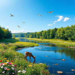 A serene landscape featuring a clear blue sky, a tranquil river flowing through a lush green forest, and a variety of colorful flowers blooming along the riverbanks