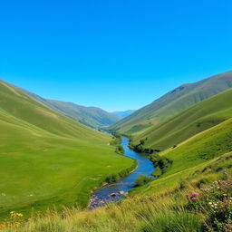 Generate an image of a serene landscape featuring rolling hills, a clear blue sky, and a small river running through the middle