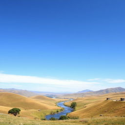 Generate an image of a serene landscape featuring rolling hills, a clear blue sky, and a small river running through the middle