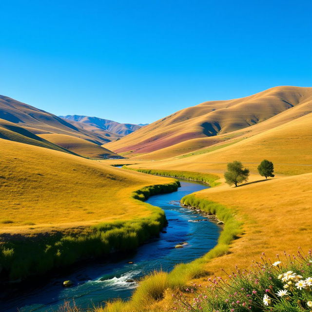 Generate an image of a serene landscape featuring rolling hills, a clear blue sky, and a small river running through the middle