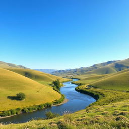 Generate an image of a serene landscape featuring rolling hills, a clear blue sky, and a small river running through the middle