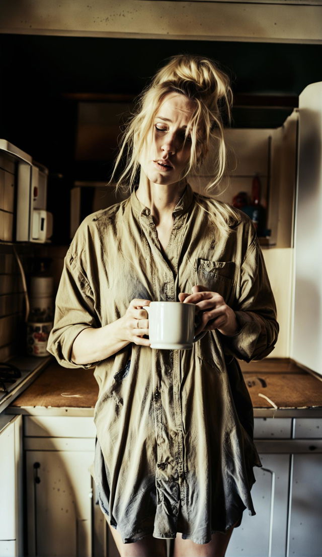 A long-haired blonde woman in an oversized stained shirt stands in a kitchen with an empty coffee mug, her tired expression begging for coffee.