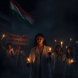 Create a dark-themed image to symbolize justice for a young lady doctor who was raped and murdered in Kolkata