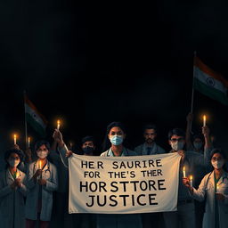 Create a dark-themed image to symbolize justice for a young lady doctor who was raped and murdered in Kolkata