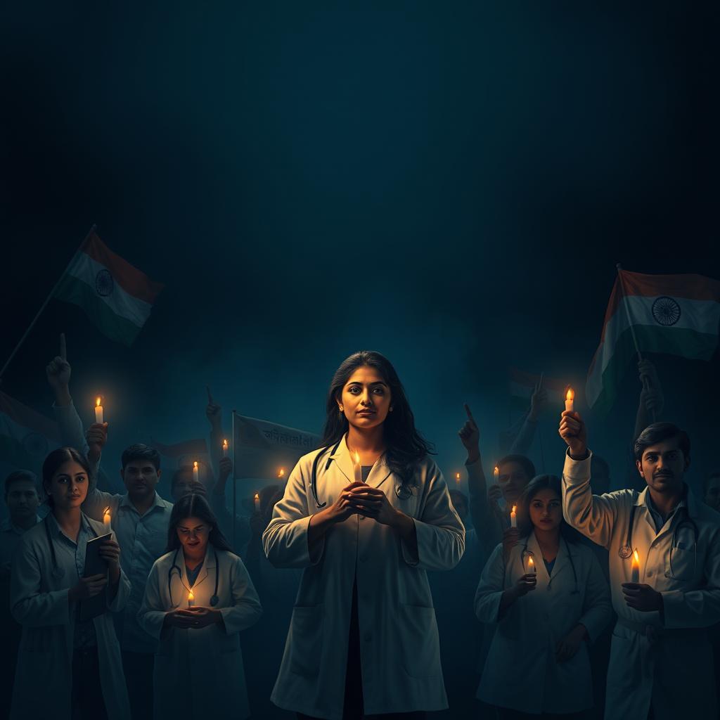 Create a dark-themed image to symbolize justice for a young lady doctor who was raped and murdered in Kolkata