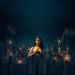 Create a dark-themed image to symbolize justice for a young lady doctor who was raped and murdered in Kolkata