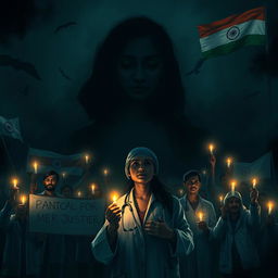 Create a dark-themed image to symbolize justice for a young lady doctor who was raped and murdered in Kolkata