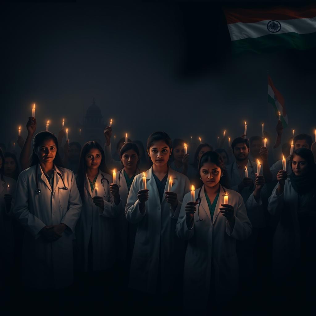 Create a dark-themed image to symbolize justice for a young lady doctor who was raped and murdered in Kolkata