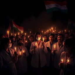 Create a dark-themed image to symbolize justice for a young lady doctor who was raped and murdered in Kolkata