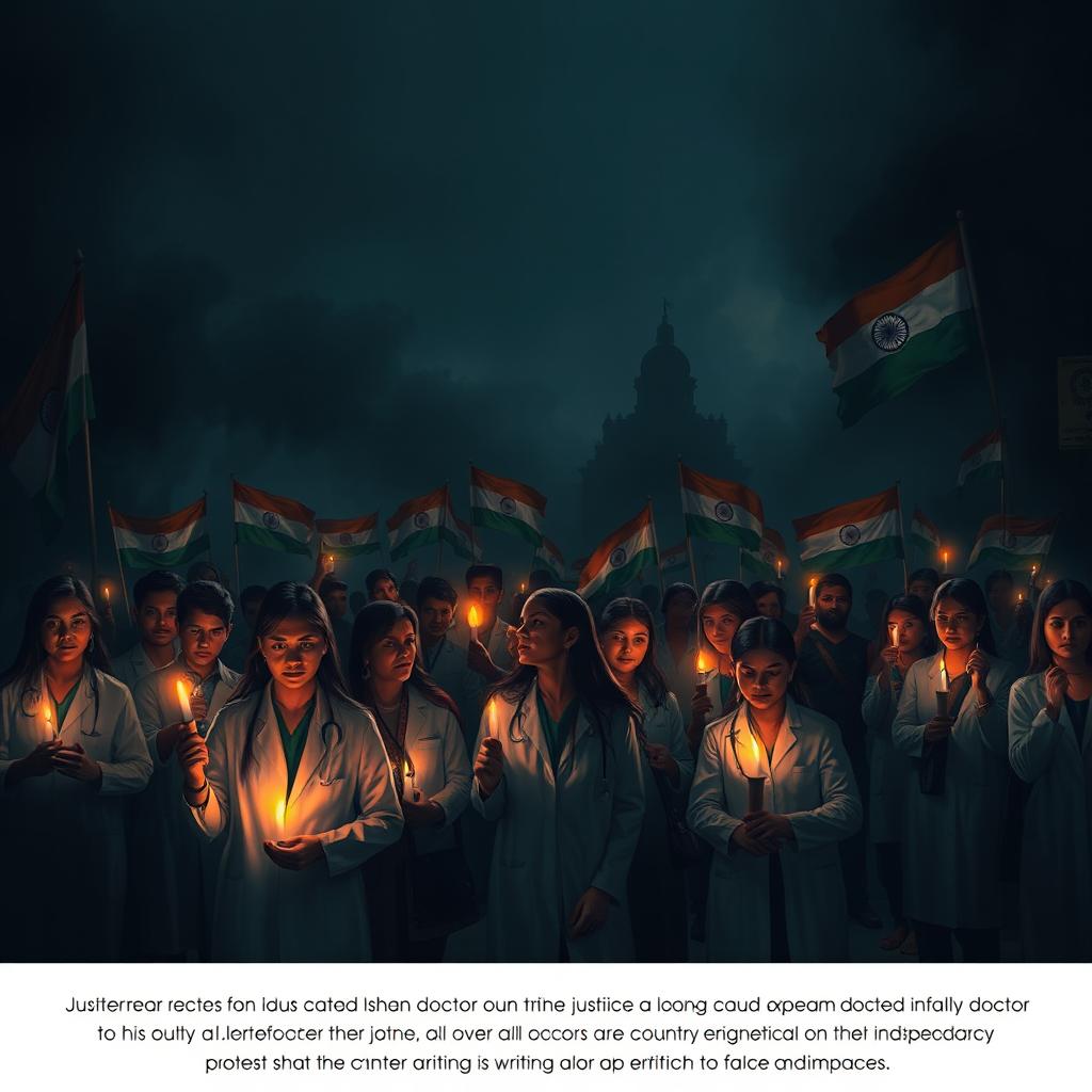 Create a dark-themed image to symbolize justice for a young lady doctor who was raped and murdered in Kolkata