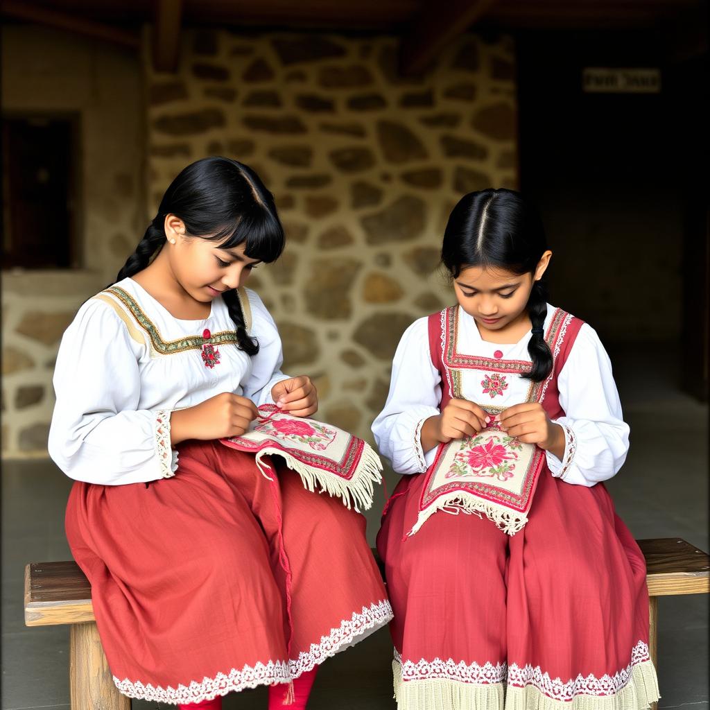 Two girls embroidering during the Spanish colony in Peru