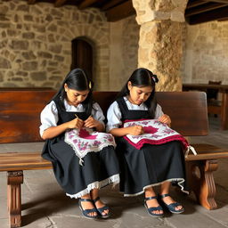 Two girls embroidering during the Spanish colony in Peru