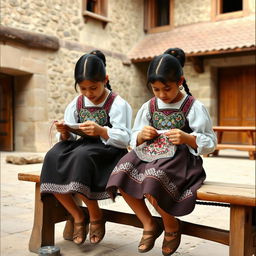 Two girls embroidering during the Spanish colony in Peru