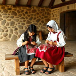 Two girls embroidering during the Spanish colony in Peru