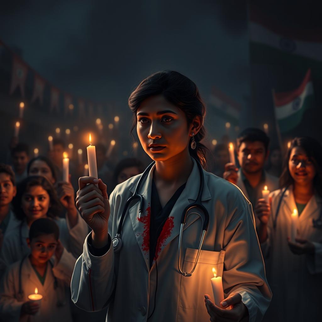 Create a dark-themed image to symbolize justice for a young lady doctor who was raped and murdered in Kolkata