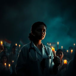 Create a dark-themed image to symbolize justice for a young lady doctor who was raped and murdered in Kolkata