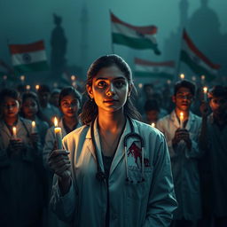 Create a dark-themed image to symbolize justice for a young lady doctor who was raped and murdered in Kolkata