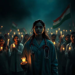 Create a dark-themed image to symbolize justice for a young lady doctor who was raped and murdered in Kolkata