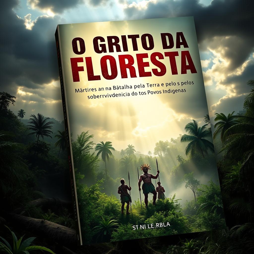 A powerful and emotional book cover titled 'O Grito da Floresta: Mártires na Batalha pela Terra e pelos sobrevivência dos Povos Indígenas'