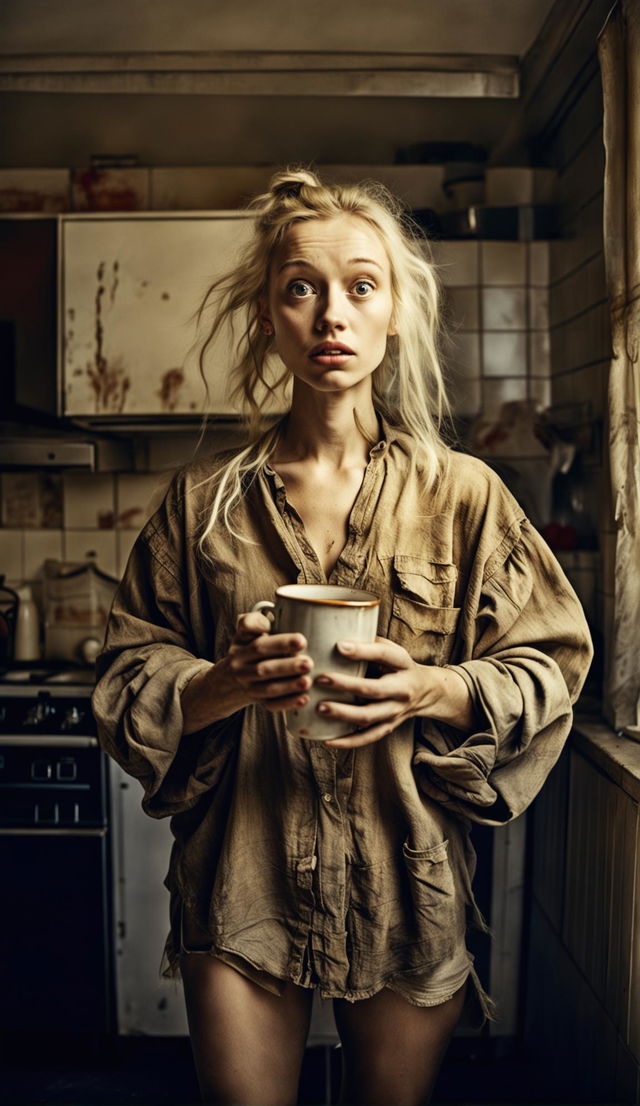 A long-haired blonde woman in a dramatically oversized stained shirt, her desperate expression and outstretched empty mug begging for coffee.