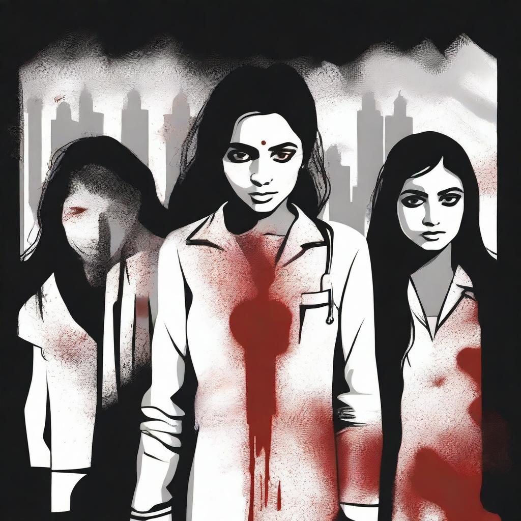 Create a dark-themed image to symbolize justice for a young lady doctor who was raped and murdered in Kolkata