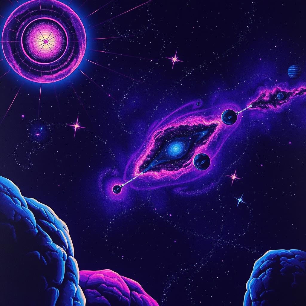 A dark 80s style space scene featuring stars and galaxies