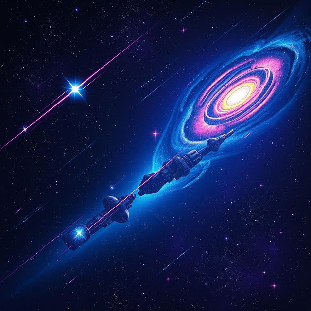 A dark 80s style space scene featuring stars and galaxies