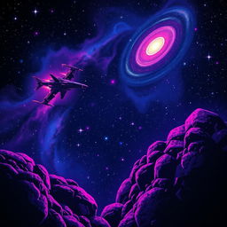 A dark 80s style space scene featuring stars and galaxies