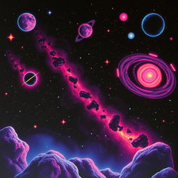 A dark 80s style space scene featuring stars and galaxies