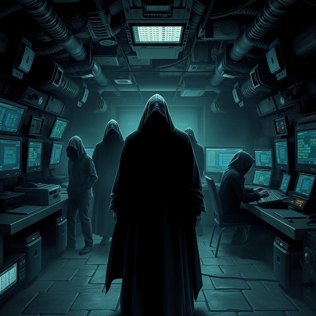 A mysterious shadow organization, with figures cloaked in darkness, operating in a secret underground lair filled with high-tech gadgets and monitors displaying encrypted data