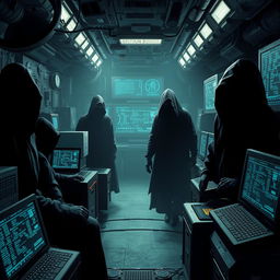 A mysterious shadow organization, with figures cloaked in darkness, operating in a secret underground lair filled with high-tech gadgets and monitors displaying encrypted data