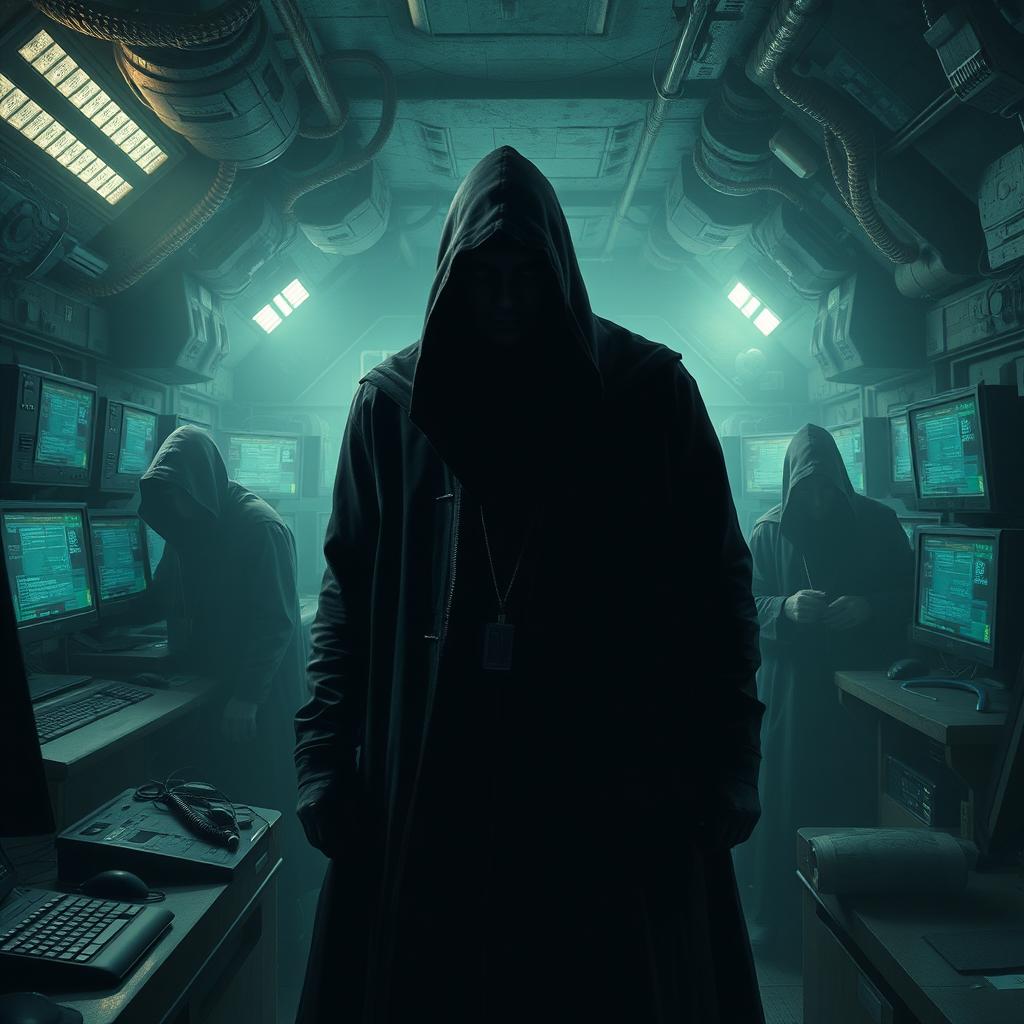 A mysterious shadow organization, with figures cloaked in darkness, operating in a secret underground lair filled with high-tech gadgets and monitors displaying encrypted data