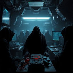 A mysterious shadow organization, with figures cloaked in darkness, operating in a secret underground lair filled with high-tech gadgets and monitors displaying encrypted data