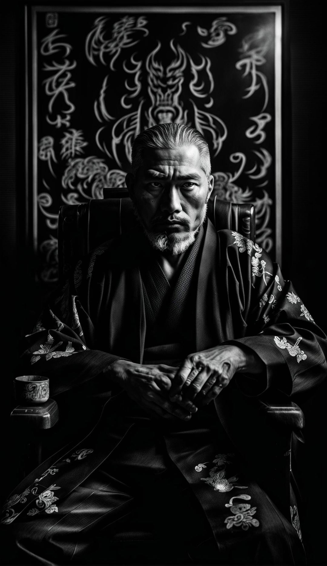 Black and white photograph in Yousuf Karsh's style featuring a Yakuza boss seated in a high-backed chair, dressed in a traditional kimono with a full sleeve tattoo peeking out. His face is partially shadowed with piercing eyes and he holds a cigar in one hand.