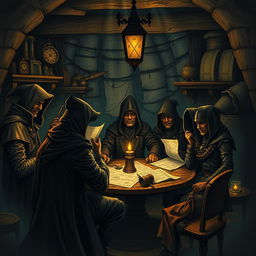 A secretive organization of rogues, gathered in a dimly lit hideout filled with stolen treasures and maps