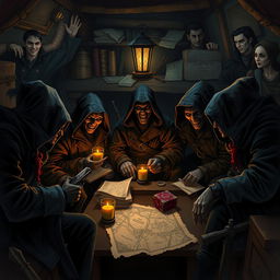 A secretive organization of rogues, gathered in a dimly lit hideout filled with stolen treasures and maps