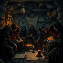 A secretive organization of rogues, gathered in a dimly lit hideout filled with stolen treasures and maps