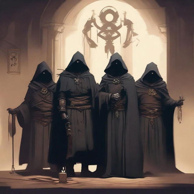 A secret order of rogues, convening in a shadowy lair filled with ancient artifacts and cryptic symbols