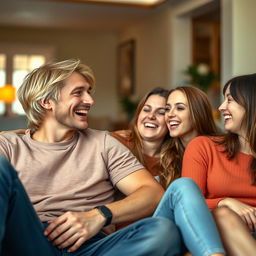 A human man with blonde hair laughing while sitting on a sofa with girls