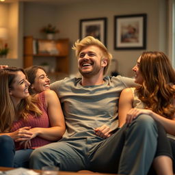 A human man with blonde hair laughing while sitting on a sofa with girls