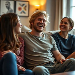 A human man with blonde hair laughing while sitting on a sofa with girls