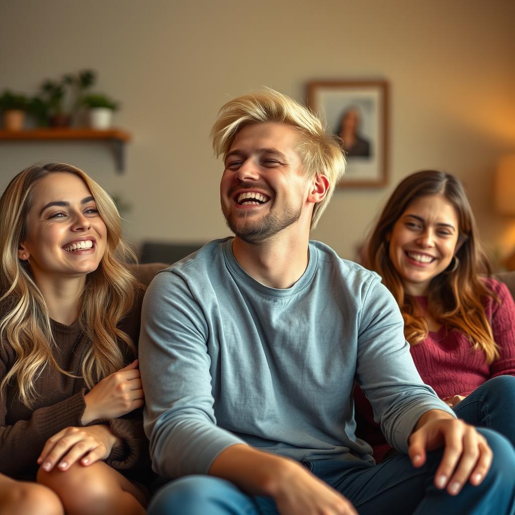 A human man with blonde hair laughing while sitting on a sofa with girls