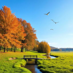 A serene landscape featuring a clear blue sky, lush green meadows, and a calm river flowing through the scene