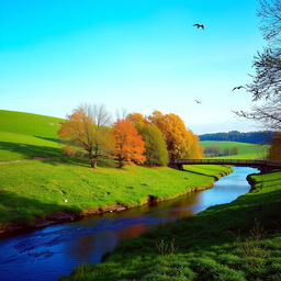 A serene landscape featuring a clear blue sky, lush green meadows, and a calm river flowing through the scene