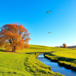 A serene landscape featuring a clear blue sky, lush green meadows, and a calm river flowing through the scene