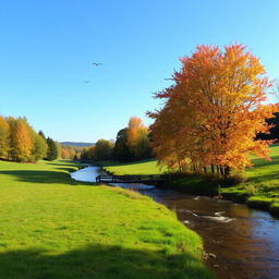 A serene landscape featuring a clear blue sky, lush green meadows, and a calm river flowing through the scene