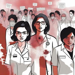 A powerful and dramatic cartoon-style image depicting doctors protesting for justice for a lady doctor who was raped and murdered in India