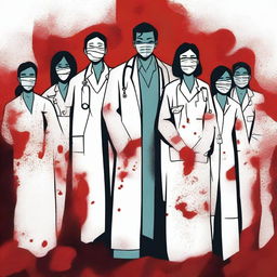 A powerful and dramatic cartoon-style image depicting doctors protesting for justice for a lady doctor who was raped and murdered in India