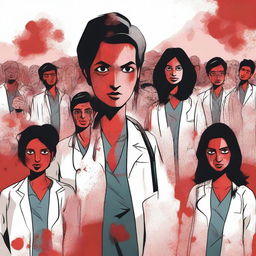 A powerful and dramatic cartoon-style image depicting doctors protesting for justice for a lady doctor who was raped and murdered in India