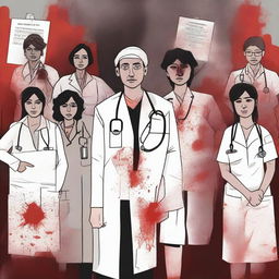 A powerful and dramatic cartoon-style image depicting doctors protesting for justice for a lady doctor who was raped and murdered in India